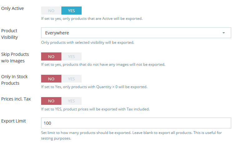 PrestaShop export profile settings